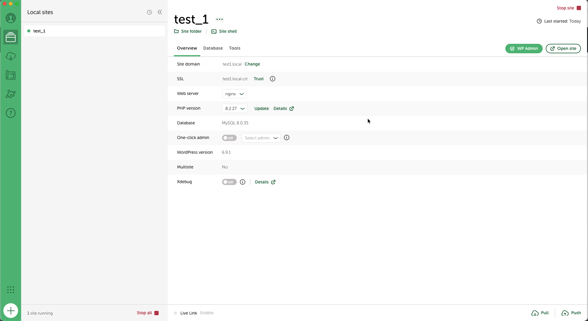 LocalWP application showing a running WordPress site with the WP Admin button visible