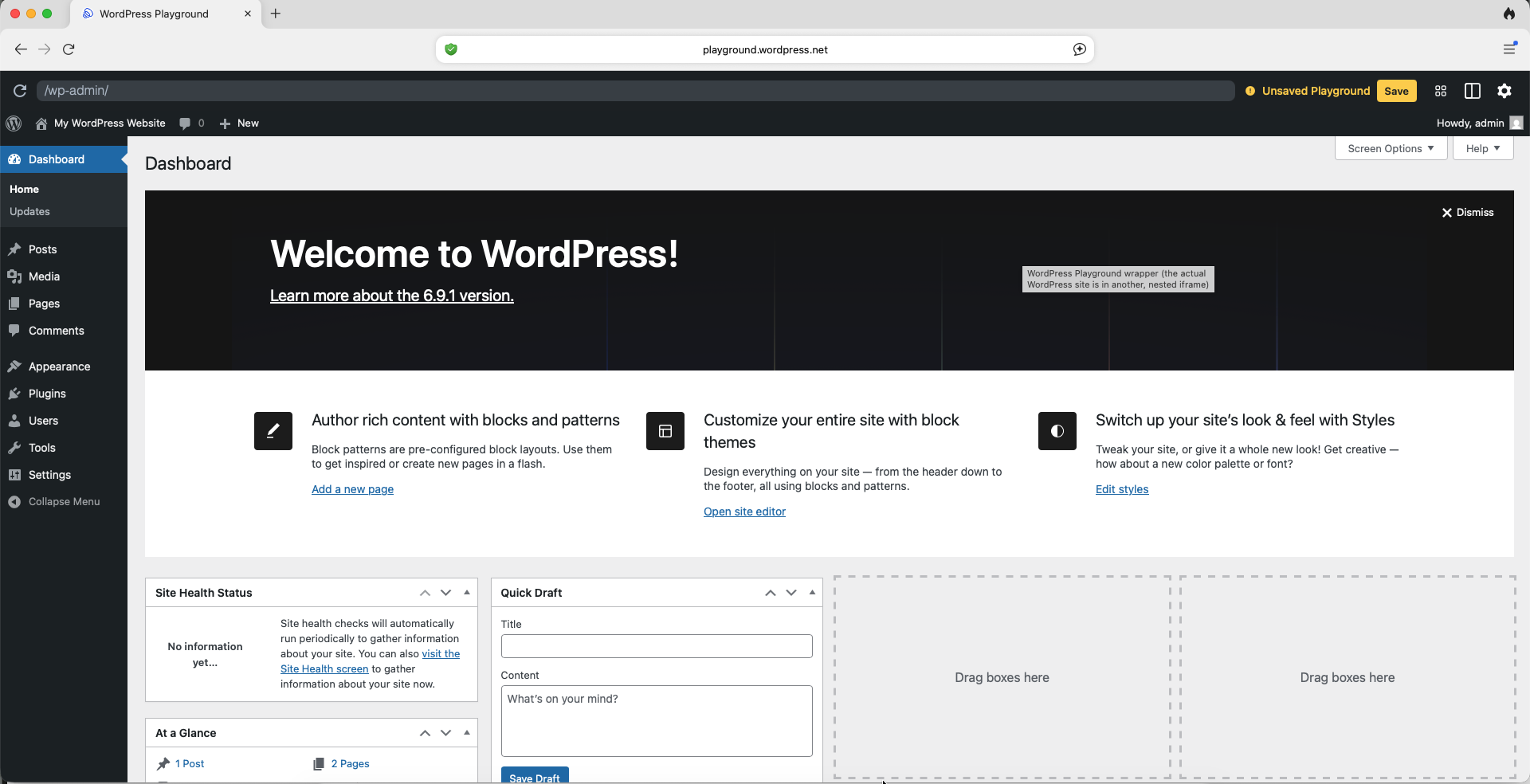 WordPress Playground with the WordPress admin dashboard loaded and ready to use