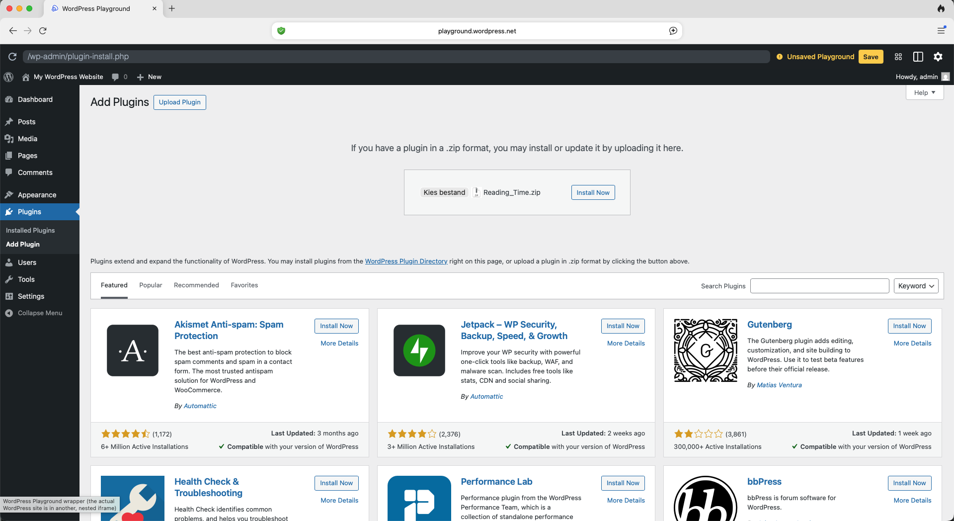 WordPress Add New Plugin screen with the Upload Plugin option visible